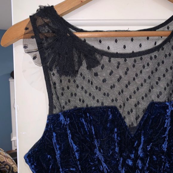 Crushed Blue Velvet cinched-waist mini dress with lace neckline & decal! - Picture 3 of 13